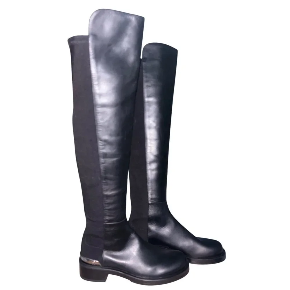 Stuart Weitzman 5050 Bold Logo Boots, Black Leather, Over-the-Knee 5.5B